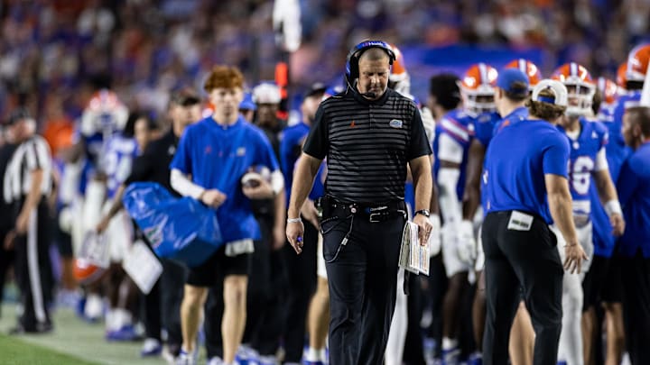 Oct 5, 2024; Gainesville, Florida, USA; Florida Gators head coach Billy Napier walks on the sideline against the UCF Knights during the first half at Ben Hill Griffin Stadium. Mandatory Credit: Matt Pendleton-Imagn Images