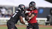 Jul 24, 2025; Houston, TX, USA; Houston Texans quarterback C.J. Stroud (7) and running back Nick Chubb (21) during training camp at Houston Methodist Training Center. Mandatory Credit: Troy Taormina-Imagn Images