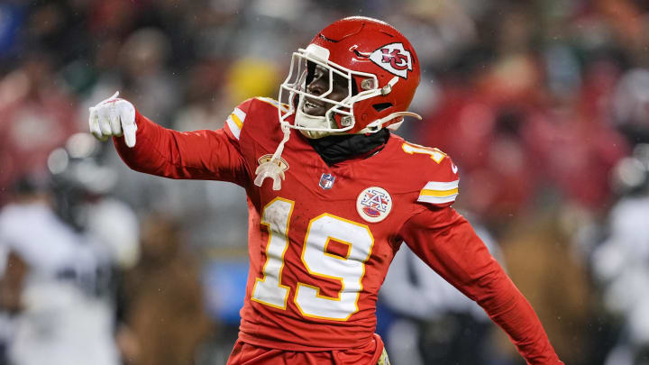 Nov 20, 2023; Kansas City, Missouri, USA; Kansas City Chiefs wide receiver Kadarius Toney (19) celebrates during the first half against the Philadelphia Eagles at GEHA Field at Arrowhead Stadium. Mandatory Credit: Jay Biggerstaff-USA TODAY Sports