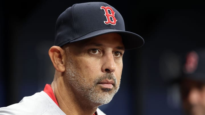 May 20, 2024; St. Petersburg, Florida, USA;  Boston Red Sox manager Alex Cora (13) looks on against the Tampa Bay Rays during the third inning at Tropicana Field. Mandatory Credit: Kim Klement Neitzel-USA TODAY Sports