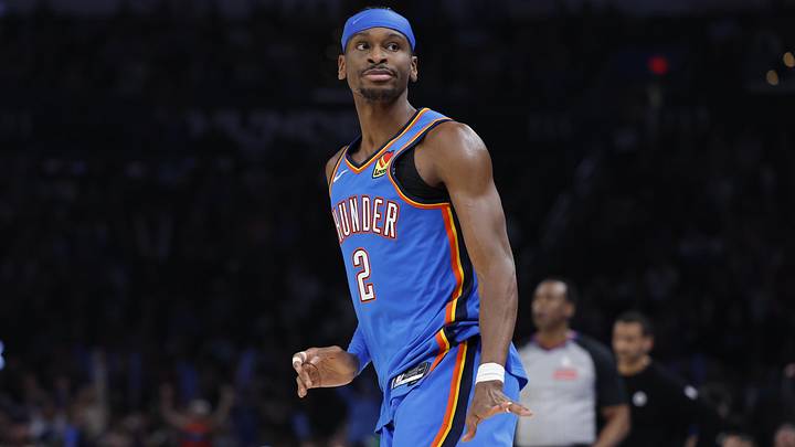 Mar 12, 2026; Oklahoma City, Oklahoma, USA; Oklahoma City Thunder guard Shai Gilgeous-Alexander (2) gestures after scoring against the Boston Celtics during the second quarter at Paycom Center. Mandatory Credit: Alonzo Adams-Imagn Images