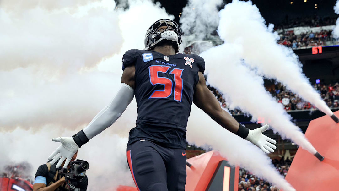 Dec 25, 2024; Houston, Texas, USA;  Houston Texans defensive end Will Anderson Jr. (51) runs onto the field before the game against the Baltimore Ravens at NRG Stadium. Mandatory Credit: Troy Taormina-Imagn Images