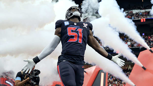 Houston Texans defensive end Will Anderson Jr. (51) runs onto the field before the game against the Baltimore Ravens