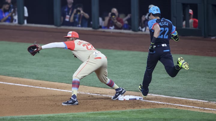 Jul 16, 2024; Arlington, Texas, USA; National League left fielder Christian Yelich of the Milwaukee Brewers (22) runs to first base during the fourth inning during the 2024 MLB All-Star game at Globe Life Field. Mandatory Credit: Tim Heitman-USA TODAY Sports