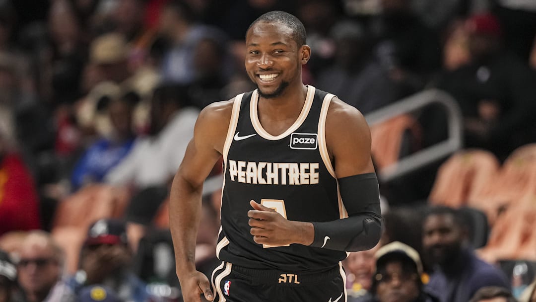 Feb 26, 2026; Atlanta, Georgia, USA; Atlanta Hawks forward Jonathan Kuminga (0) reacts after making a three point shot against the Washington Wizards during the first half at State Farm Arena. Mandatory Credit: Dale Zanine-Imagn Images