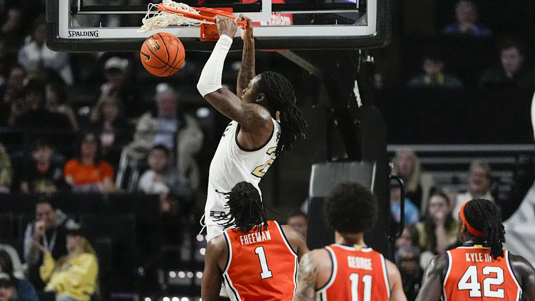 Feb 28, 2026; Winston-Salem, North Carolina, USA;  Wake Forest Demon Deacons forward Tre'von Spillers (25) makes a dunk during the second half against the Syracuse Orange at Lawrence Joel Veterans Memorial Coliseum. Mandatory Credit: Jim Dedmon-Imagn Images