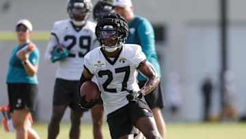 Jul 25, 2025; Jacksonville, FL, USA; Jacksonville Jaguars cornerback Caleb Ransaw (27) participates in training camp at Miller Electric Center. Mandatory Credit: Nathan Ray Seebeck-Imagn Images