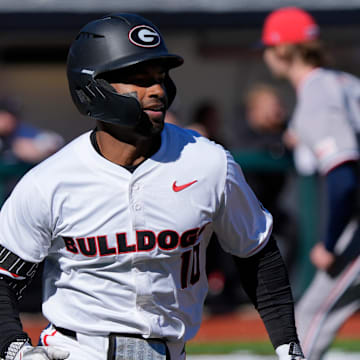 Georgia's Robbie Burnett runs for first during an NCAA baseball game against UIC in Athens, Ga., on Friday, Feb. 21, 2025.
