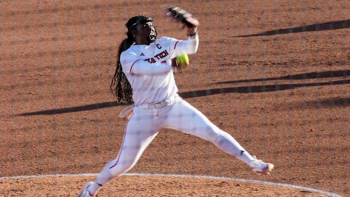 Texas Tech's Nijaree Canady (24) pitches the ball during a Big 12 Conference softball game, Friday, March 13, 2026, at Rocky Johnson Field.