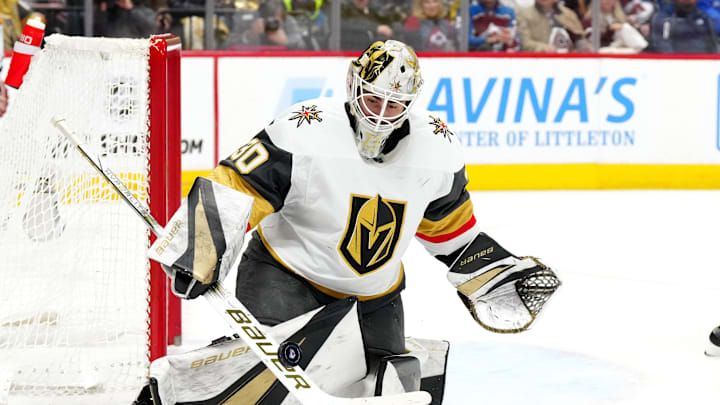 sJan 10, 2024; Denver, Colorado, USA; Vegas Golden Knights goaltender Jiri Patera (30) makes a save in the second period against the Colorado Avalanche at Ball Arena. Mandatory Credit: Ron Chenoy-Imagn Images