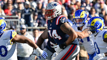 Nov 17, 2024; Foxborough, Massachusetts, USA; New England Patriots guard Michael Jordan (74) in game action against the Los Angeles Rams during the first half at Gillette Stadium. Mandatory Credit: Eric Canha-Imagn Images