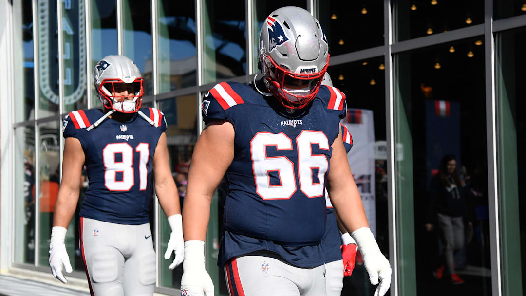 Oct 26, 2025; Foxborough, Massachusetts, USA; New England Patriots offensive tackle Will Campbell (66) walks to the field prior to a game against the Cleveland Browns at Gillette Stadium. Mandatory Credit: Bob DeChiara-Imagn Images
