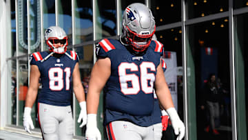 Oct 26, 2025; Foxborough, Massachusetts, USA; New England Patriots offensive tackle Will Campbell (66) walks to the field prior to a game against the Cleveland Browns at Gillette Stadium. Mandatory Credit: Bob DeChiara-Imagn Images