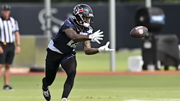 Jun 10, 2025; Houston, TX, USA; Houston Texans wide receiver Nico Collins (12) participates in a drill during an NFL football minicamp at NRG Stadium. Mandatory Credit: Maria Lysaker-Imagn Images 