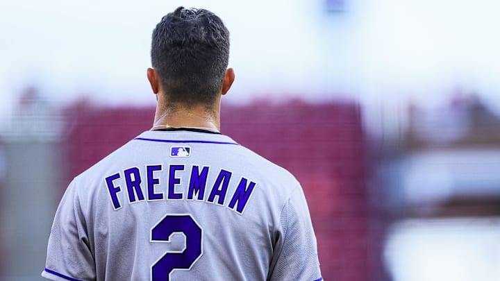 Jul 11, 2025; Cincinnati, Ohio, USA; Colorado Rockies outfielder Tyler Freeman (2) stands on the field during a stop in play during the third inning against the Cincinnati Reds at Great American Ball Park. Jul 11, 2025; Cincinnati, Ohio, USA; Colorado Rockies outfielder Tyler Freeman (2) stands on the field during a stop in play during the third inning against the Cincinnati Reds at Great American Ball Park.