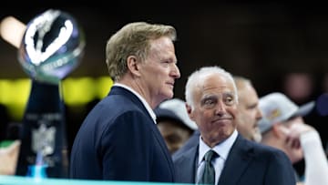 Feb 9, 2025; New Orleans, LA, USA; Philadelphia Eagles  owner Jeffrey Lurie with NFL commissioner Roger Goodell after defeating the Kansas City Chiefs during Super Bowl LIX at Ceasars Superdome. Mandatory Credit: Mark J. Rebilas-Imagn Images