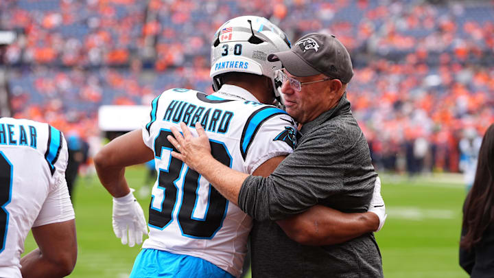 Carolina Panthers owner David Tepper greets running back Chuba Hubbard before the game against the Denver Broncos. Carolina Panthers owner David Tepper greets running back Chuba Hubbard before the game against the Denver Broncos.