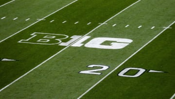 Sep 23, 2023; University Park, Pennsylvania, USA; A detailed view of the Big Ten Conference logo on the field prior to the game between the Iowa Hawkeyes and the Penn State Nittany Lions at Beaver Stadium. Mandatory Credit: Matthew O'Haren-USA TODAY Sports