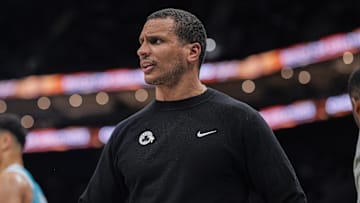 Nov 1, 2024; Charlotte, North Carolina, USA; Boston Celtics head coach Joe Mazzulla  reacts to a call by referee John Conley (56) during the second half against the Charlotte Hornets  at the Spectrum Center. Mandatory Credit: Jim Dedmon-Imagn Images
