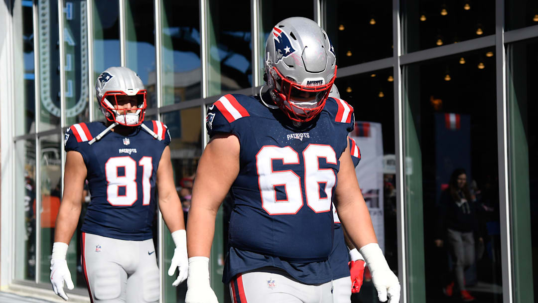 Oct 26, 2025; Foxborough, Massachusetts, USA; New England Patriots offensive tackle Will Campbell (66) walks to the field prior to a game against the Cleveland Browns at Gillette Stadium. Mandatory Credit: Bob DeChiara-Imagn Images