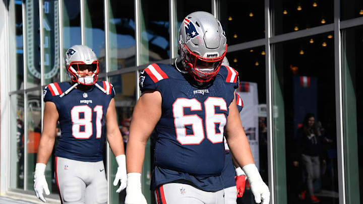 Oct 26, 2025; Foxborough, Massachusetts, USA; New England Patriots offensive tackle Will Campbell (66) walks to the field prior to a game against the Cleveland Browns at Gillette Stadium. Mandatory Credit: Bob DeChiara-Imagn Images
