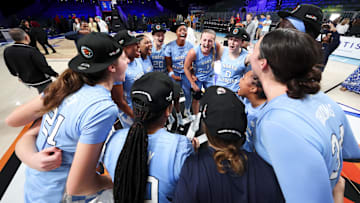 Nov 25, 2024; Paradise Island, Bahamas, BHS; North Carolina Tar Heels players celebrate after the win against the Indiana Hoosiers at the Atlantis Resort. Mandatory Credit: Kevin Jairaj-Imagn Images