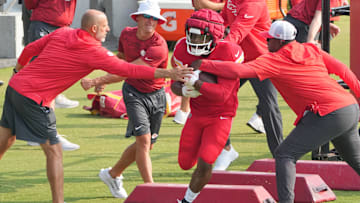 Jul 26, 2024; Kansas City, MO, USA; Kansas City Chiefs running back Clyde Edwards-Helaire (25) runs drills during training camp at Missouri Western State University. Mandatory Credit: Denny Medley-Imagn Images