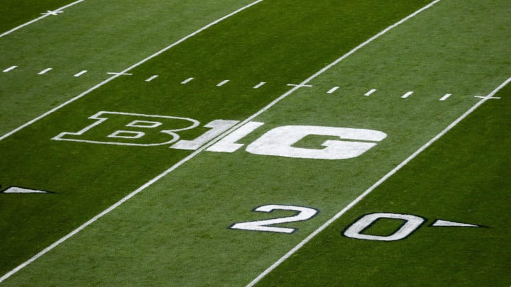 Sep 23, 2023; University Park, Pennsylvania, USA; A detailed view of the Big Ten Conference logo on the field prior to the game between the Iowa Hawkeyes and the Penn State Nittany Lions at Beaver Stadium. Mandatory Credit: Matthew O'Haren-USA TODAY Sports