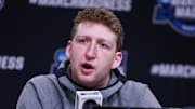 Mar 27, 2025; Atlanta, GA, USA; Michigan Wolverines center Danny Wolf (1) addresses the media in a press conference during NCAA Tournament South Regional Practice at State Farm Arena. Mandatory Credit: Brett Davis-Imagn Images