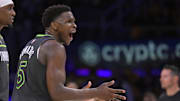 Apr 19, 2025; Los Angeles, California, USA; Minnesota Timberwolves guard Anthony Edwards (5) reacts toward referee Brian Forte (45) after called for a foul on Los Angeles Lakers forward LeBron James (23) in the second half at Crypto.com Arena. Mandatory Credit: Jayne Kamin-Oncea-Imagn Images