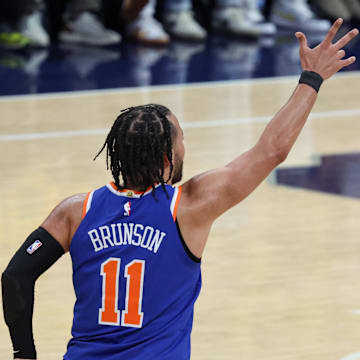 May 31, 2025; Indianapolis, Indiana, USA; New York Knicks guard Jalen Brunson (11) celebrates after three-point basket against the Indiana Pacers in the first quarter during game six of the eastern conference finals for the 2025 NBA Playoffs at Gainbridge Fieldhouse. Mandatory Credit: Trevor Ruszkowski-Imagn Images
