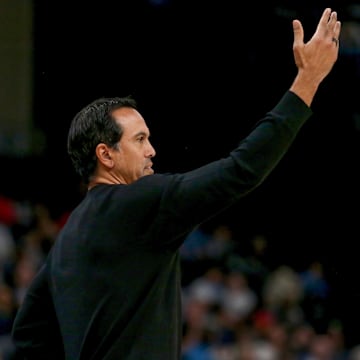 Oct 24, 2025; Memphis, Tennessee, USA; Miami Heat head coach Erik Spoelstra gives direction during the first quarter against the Memphis Grizzlies at FedExForum. Mandatory Credit: Petre Thomas-Imagn Images