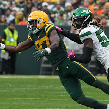 Green Bay Packers wide receiver Romeo Doubs (87) is unable to make while being covered by New York Jets linebacker C.J. Mosley (57) during the first quarter of their game Sunday, October 16, 2022 at Lambeau Field in Green Bay, Wis.

Packers16 4