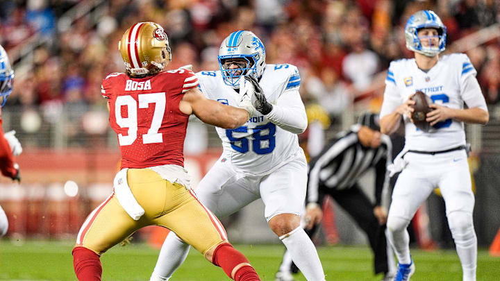 Detroit Lions offensive tackle Penei Sewell (58) blocks San Francisco 49ers defensive end Nick Bosa (97) during the first half at Levi's Stadium in Santa Clara, Calif. on Monday, Dec. 30, 2024.