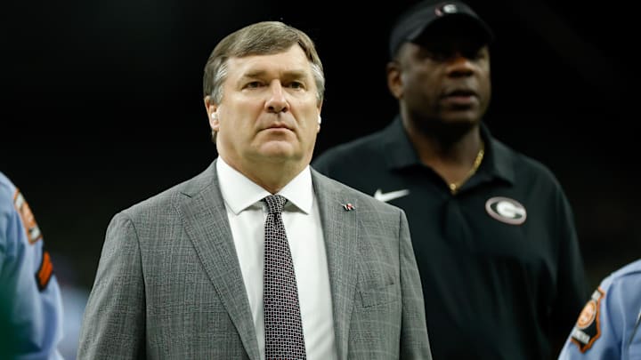 Jan 1, 2026; New Orleans, LA, USA; Georgia Bulldogs head coach Kirby Smart arrives prior to the 2026 Sugar Bowl and quarterfinal game of the College Football Playoff against the Mississippi Rebels at Caesars Superdome. Mandatory Credit: Amber Searls-Imagn Images