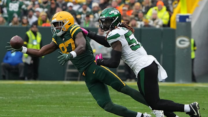 Green Bay Packers wide receiver Romeo Doubs (87) is unable to make while being covered by New York Jets linebacker C.J. Mosley (57) during the first quarter of their game Sunday, October 16, 2022 at Lambeau Field in Green Bay, Wis.
Packers16 4 Green Bay Packers wide receiver Romeo Doubs (87) is unable to make while being covered by New York Jets linebacker C.J. Mosley (57) during the first quarter of their game Sunday, October 16, 2022 at Lambeau Field in Green Bay, Wis.
Packers16 4