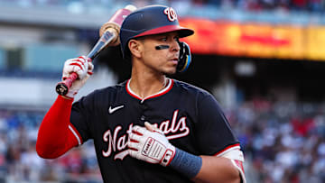 Apr 20, 2024; Washington, District of Columbia, USA; Washington Nationals first base Joey Meneses (45) prepares for an at bat against the Houston Astros during the tenth inning at Nationals Park. Mandatory Credit: Scott Taetsch-Imagn Images