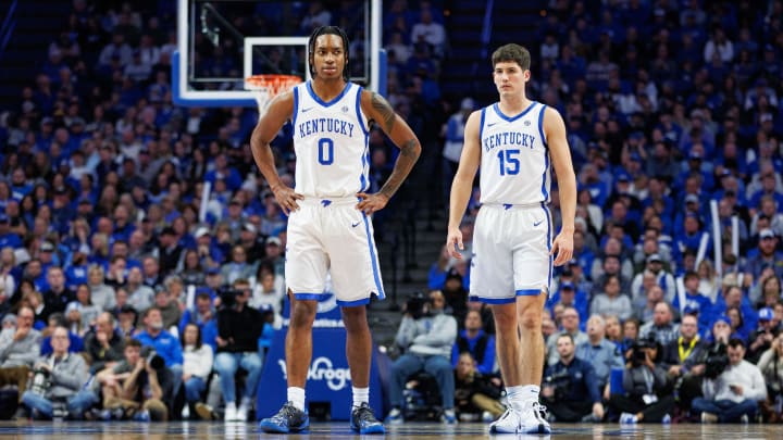 Jan 17, 2024; Lexington, Kentucky, USA; Kentucky Wildcats guards Rob Dillingham (0) and Reed Sheppard (15) stand on the court while a free throw is shot during the second half against the Mississippi State Bulldogs at Rupp Arena at Central Bank Center. Mandatory Credit: Jordan Prather-USA TODAY Sports