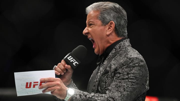 Jul 23, 2022; London, United Kingdom; UFC announcer Bruce Buffer introduces Claudio Silva (red