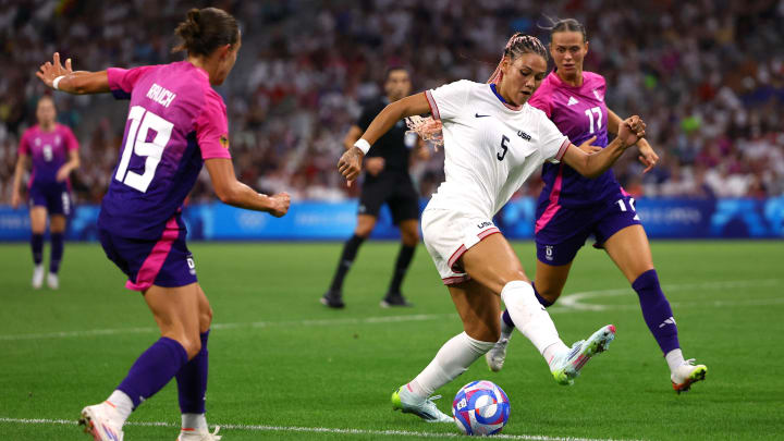 [US, Mexico & Canada customers only] Jul 28, 2024; Marseille, France; Trinity Rodman of United States in action with Klara Buehl of Germany in a Group B match during the Paris 2024 Olympic Summer Games at Orange Velodrome. Mandatory Credit: Luisa Gonzalez/Reuters via USA TODAY Sports