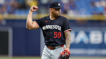 Sep 5, 2024; St. Petersburg, Florida, USA; Minnesota Twins pitcher Jhoan Duran (59) reacts after beating the Tampa Bay Rays at Tropicana Field. Mandatory Credit: Nathan Ray Seebeck-Imagn Images