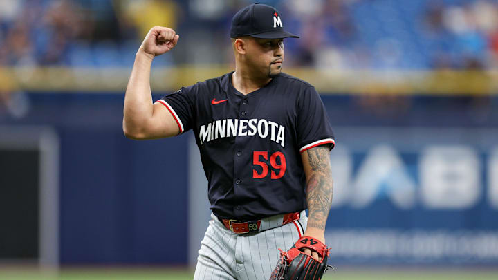 Sep 5, 2024; St. Petersburg, Florida, USA; Minnesota Twins pitcher Jhoan Duran (59) reacts after beating the Tampa Bay Rays at Tropicana Field. Mandatory Credit: Nathan Ray Seebeck-Imagn Images