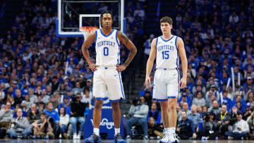 Jan 17, 2024; Lexington, Kentucky, USA; Kentucky Wildcats guards Rob Dillingham (0) and Reed Sheppard (15) stand on the court while a free throw is shot during the second half against the Mississippi State Bulldogs at Rupp Arena at Central Bank Center. Mandatory Credit: Jordan Prather-USA TODAY Sports