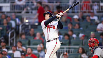 Apr 21, 2025; Atlanta, Georgia, USA; Atlanta Braves third baseman Austin Riley (27) hits a two-run home run against the St. Louis Cardinals in the third inning at Truist Park. Mandatory Credit: Brett Davis-Imagn Images
