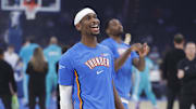 Oct 9, 2025; Oklahoma City, Oklahoma, USA; Oklahoma City Thunder guard Shai Gilgeous-Alexander smiles during warm ups before a game between the Charlotte Hornets and the Oklahoma City Thunder at Paycom Center. Mandatory Credit: Alonzo Adams-Imagn Images