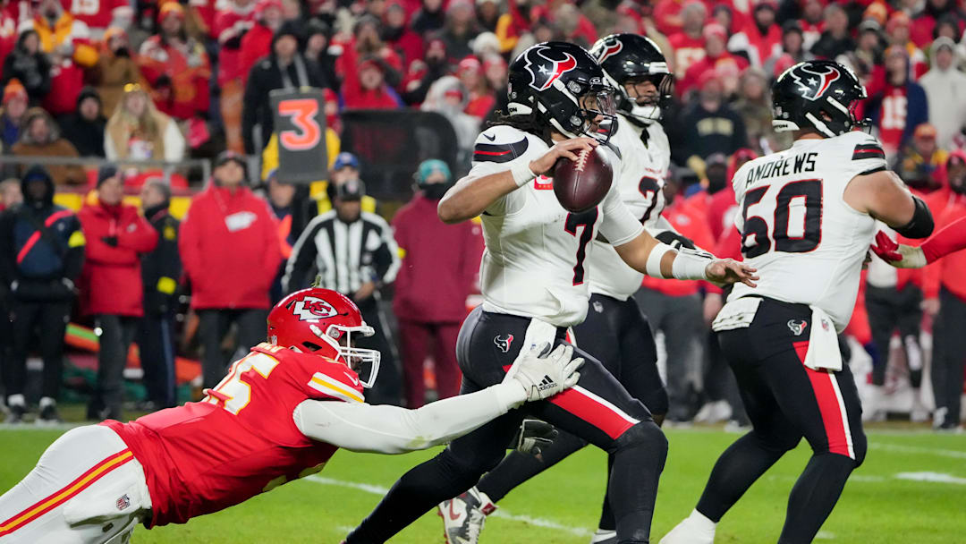 Dec 7, 2025; Kansas City, Missouri, USA; Kansas City Chiefs defensive tackle Chris Jones (95) pressures Houston Texans quarterback C.J. Stroud (7) during the second quarter at GEHA Field at Arrowhead Stadium. Mandatory Credit: Denny Medley-Imagn Images