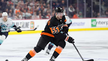 Mar 8, 2025; Philadelphia, Pennsylvania, USA; Philadelphia Flyers defenseman Rasmus Ristolainen (55) in action against the Seattle Kraken in the second period at Wells Fargo Center. Mandatory Credit: Kyle Ross-Imagn Images