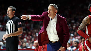 Dec 3, 2025; Tuscaloosa, Alabama, USA; Alabama Crimson Tide head coach Nate Oats reacts during the first half against the Clemson Tigers at Coleman Coliseum. Mandatory Credit: David Leong-Imagn Images