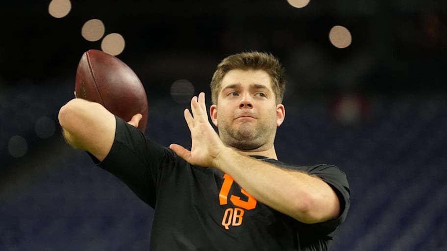 LSU quarterback Garrett Nussmeier throws during the NFL scouting combine.