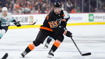 Mar 8, 2025; Philadelphia, Pennsylvania, USA; Philadelphia Flyers defenseman Rasmus Ristolainen (55) in action against the Seattle Kraken in the second period at Wells Fargo Center